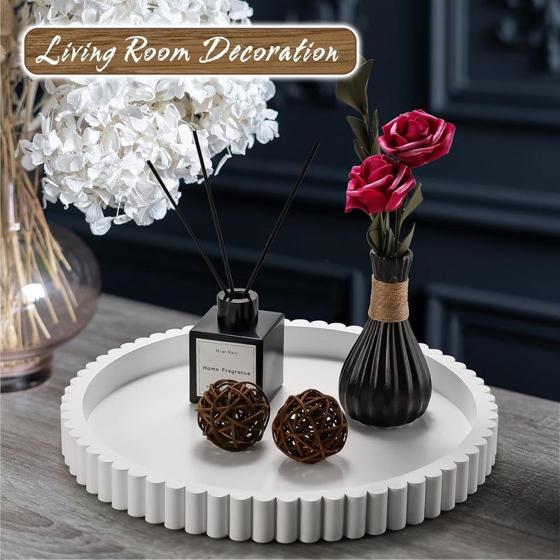 KULEDM Handmade 12in Decorative Tray for Coffee Table Tray Decor, White Wooden Decorative Round Tray for for Coffee Table, Dining Room Table Entryway and Living Room Table - Image 4
